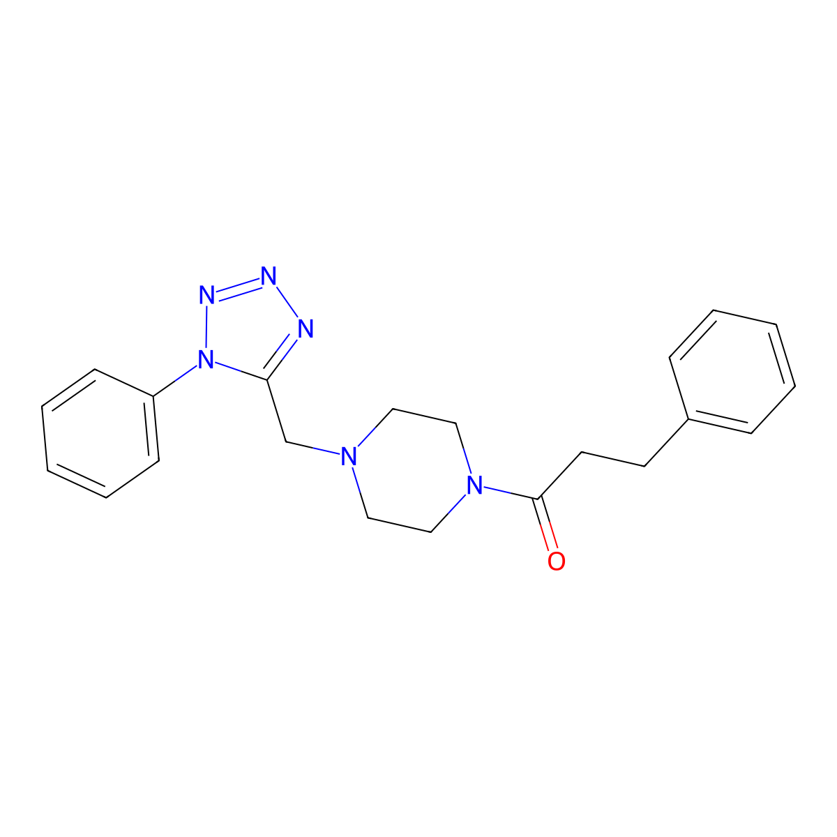 3-phenyl-1-(4-((1-phenyl-1H-tetrazol-5-yl)methyl)piperazin-1-yl)propan-1-one molecular structure, CAS 1021226-56-1