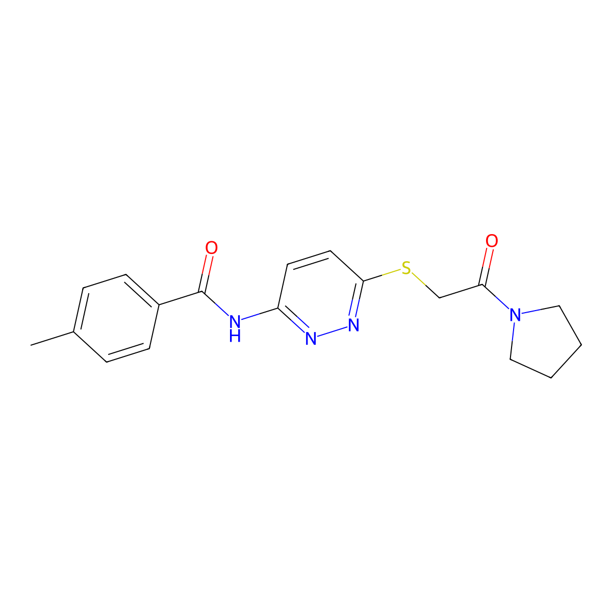 4-methyl-N-(6-{[2-oxo-2-(pyrrolidin-1-yl)ethyl]sulfanyl}pyridazin-3-yl)benzamide molecular structure, CAS 1021226-57-2