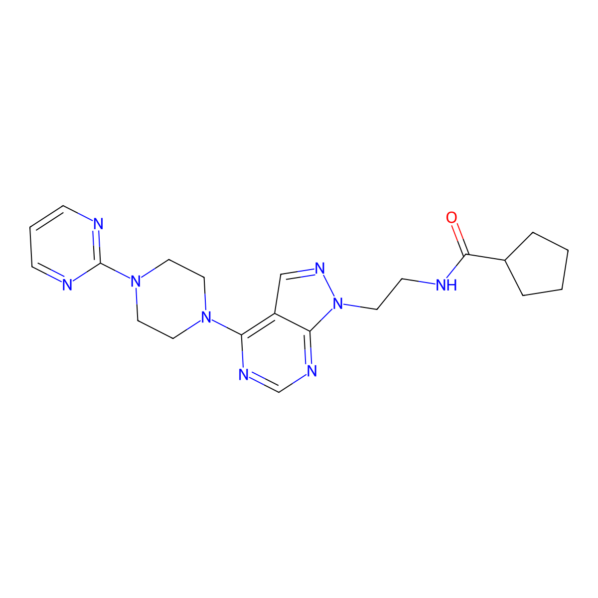 N-(2-{4-[4-(pyrimidin-2-yl)piperazin-1-yl]-1H-pyrazolo[3,4-d]pyrimidin-1-yl}ethyl)cyclopentanecarboxamide molecular structure, CAS 1021226-59-4