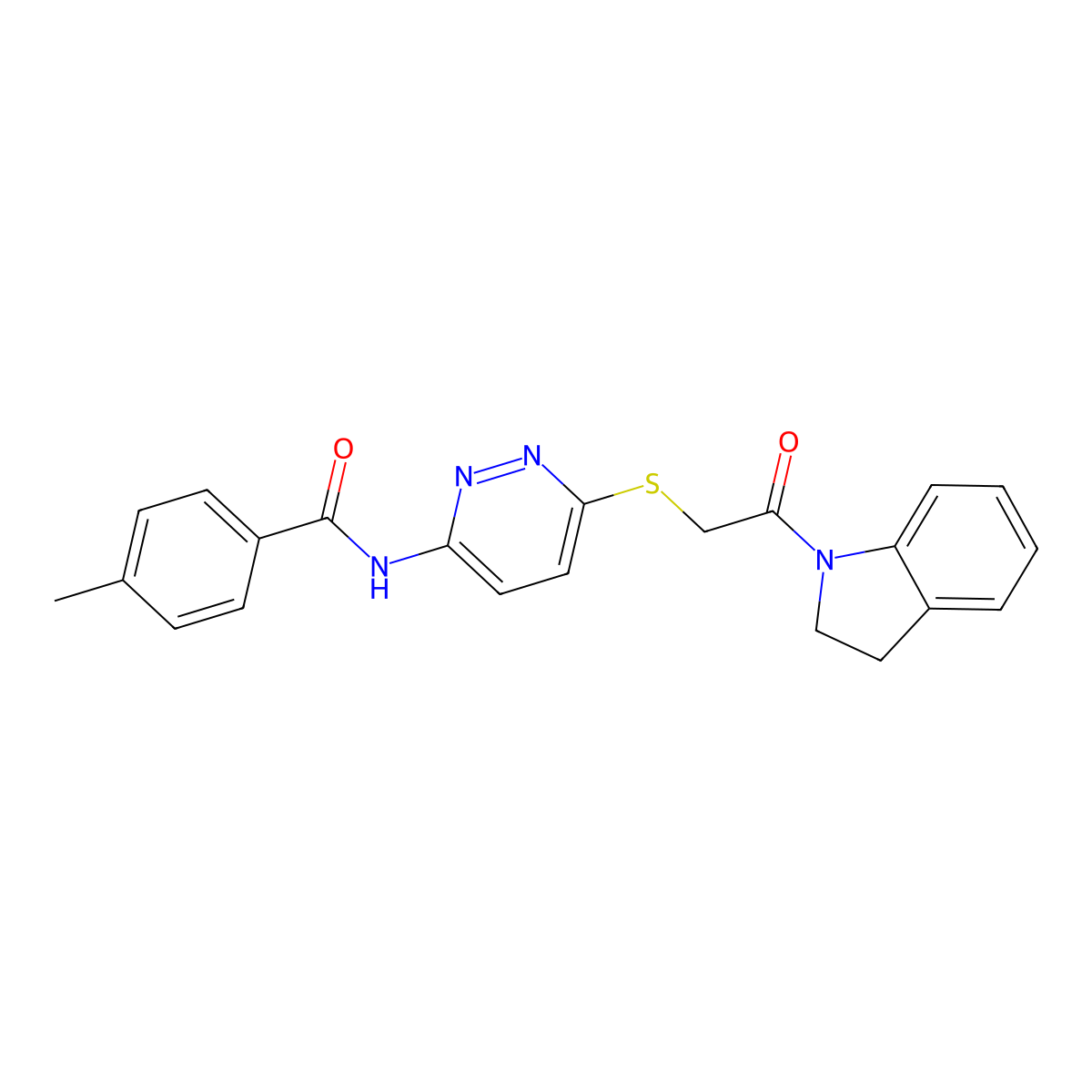 N-(6-((2-(indolin-1-yl)-2-oxoethyl)thio)pyridazin-3-yl)-4-methylbenzamide molecular structure, CAS 1021226-62-9