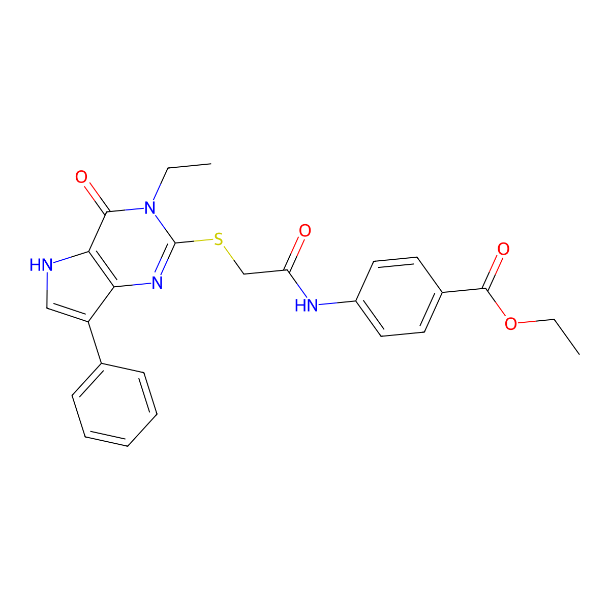 ethyl 4-(2-((3-ethyl-4-oxo-7-phenyl-4,5-dihydro-3H-pyrrolo[3,2-d]pyrimidin-2-yl)thio)acetamido)benzoate molecular structure, CAS 1021226-64-1