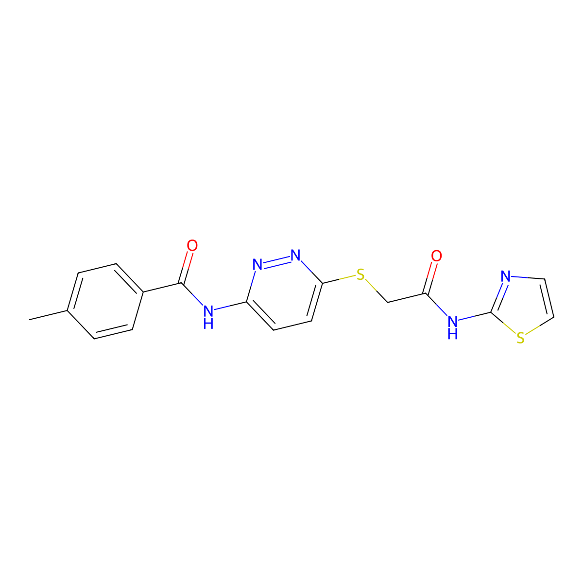 4-methyl-N-[6-({[(1,3-thiazol-2-yl)carbamoyl]methyl}sulfanyl)pyridazin-3-yl]benzamide molecular structure, CAS 1021226-66-3