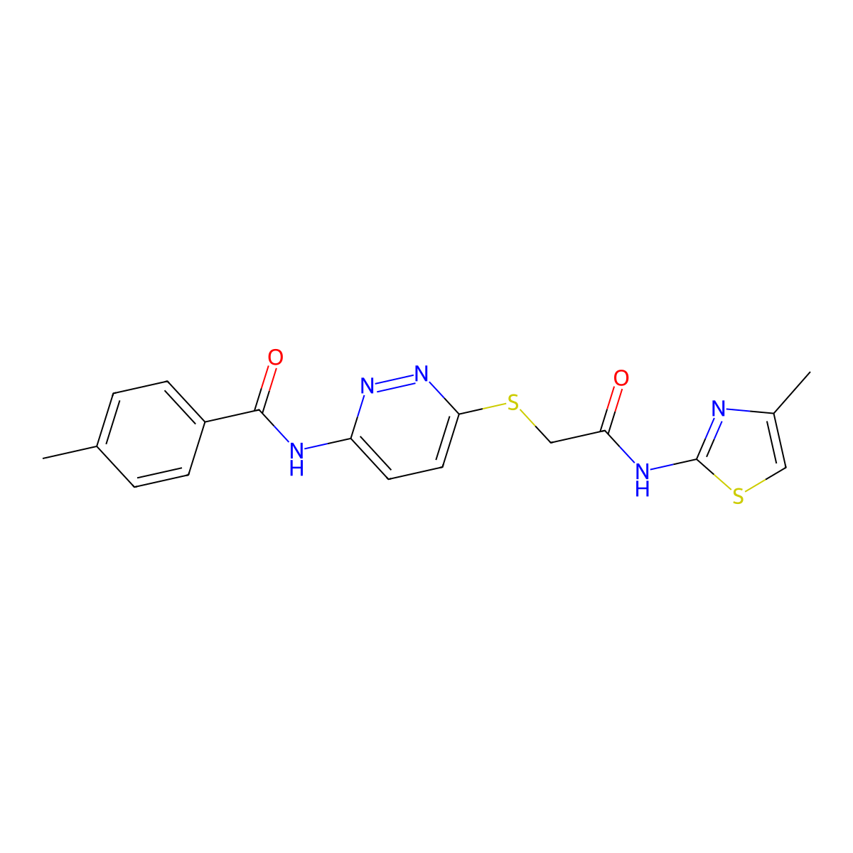 4-methyl-N-(6-((2-((4-methylthiazol-2-yl)amino)-2-oxoethyl)thio)pyridazin-3-yl)benzamide molecular structure, CAS 1021226-69-6