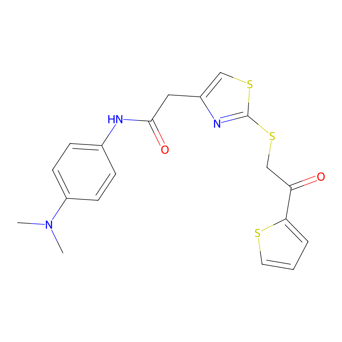 N-[4-(dimethylamino)phenyl]-2-(2-{[2-oxo-2-(thiophen-2-yl)ethyl]sulfanyl}-1,3-thiazol-4-yl)acetamide molecular structure, CAS 1021226-74-3