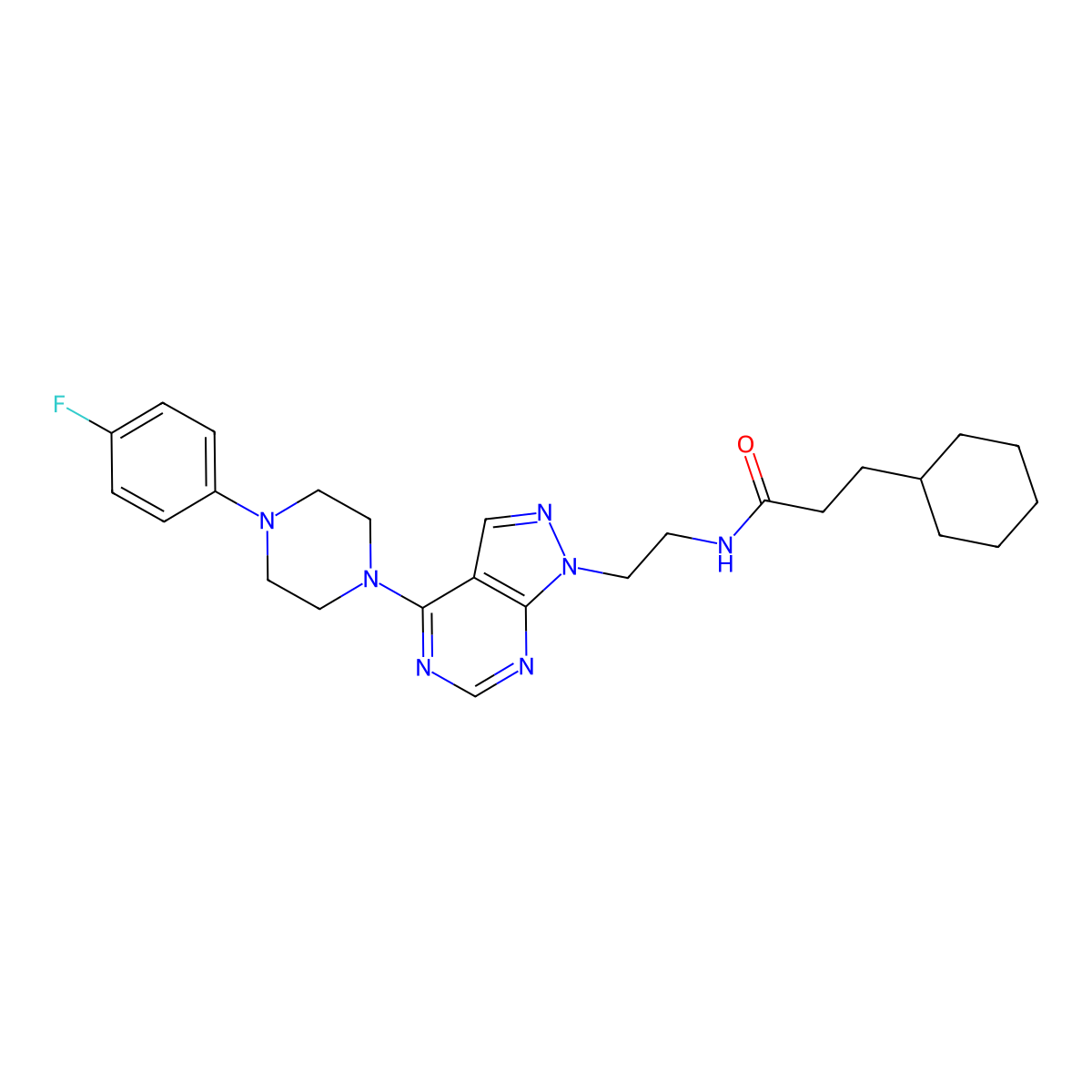 3-cyclohexyl-N-(2-(4-(4-(4-fluorophenyl)piperazin-1-yl)-1H-pyrazolo[3,4-d]pyrimidin-1-yl)ethyl)propanamide molecular structure, CAS 1021226-79-8