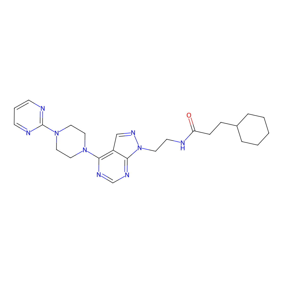 3-cyclohexyl-N-(2-{4-[4-(pyrimidin-2-yl)piperazin-1-yl]-1H-pyrazolo[3,4-d]pyrimidin-1-yl}ethyl)propanamide molecular structure, CAS 1021226-85-6