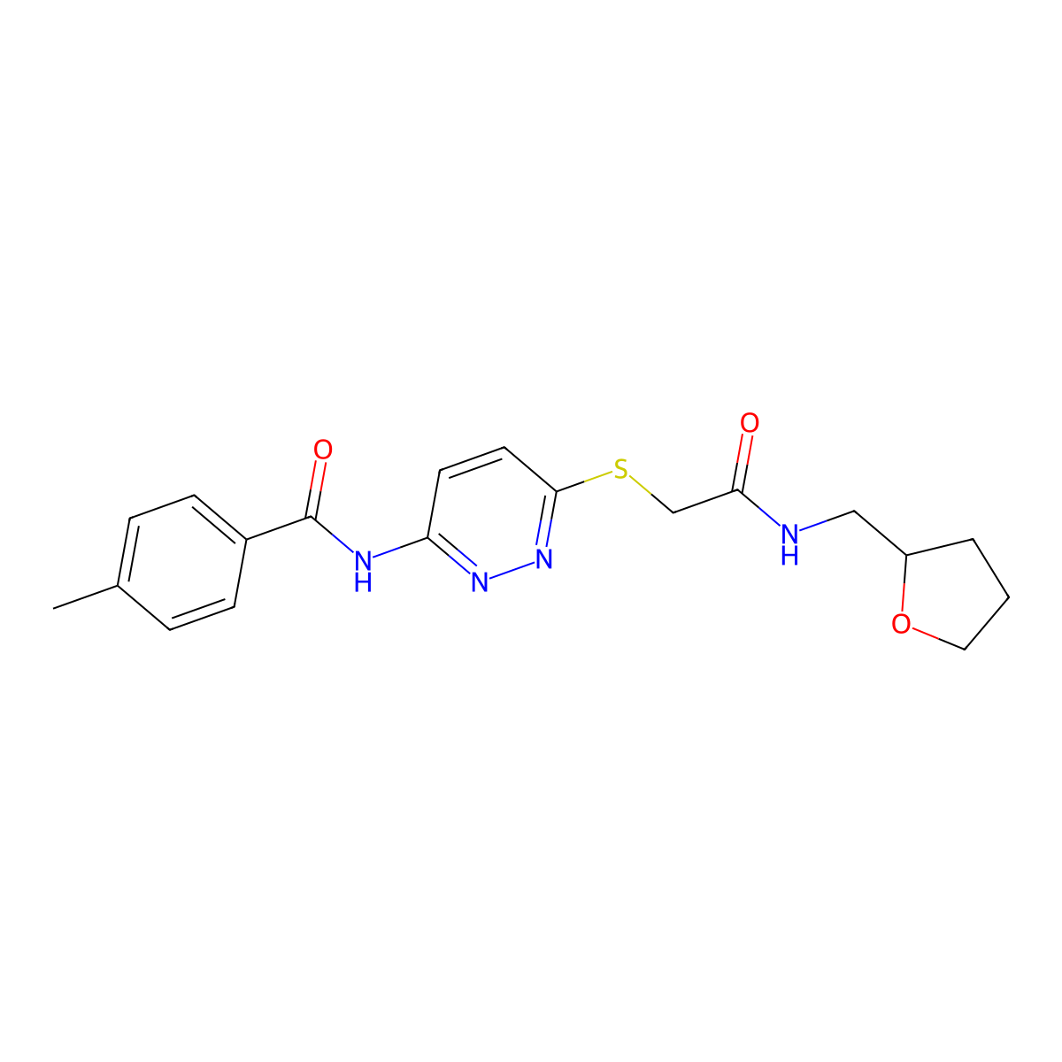 4-methyl-N-(6-((2-oxo-2-(((tetrahydrofuran-2-yl)methyl)amino)ethyl)thio)pyridazin-3-yl)benzamide molecular structure, CAS 1021226-88-9