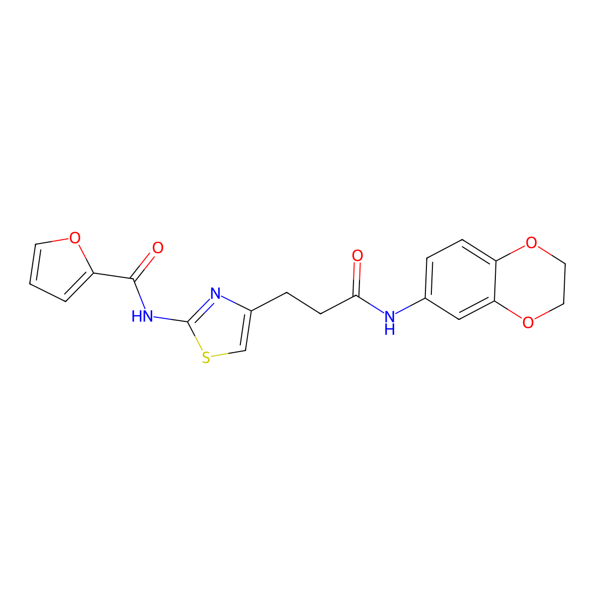 N-(4-(3-((2,3-dihydrobenzo[b][1,4]dioxin-6-yl)amino)-3-oxopropyl)thiazol-2-yl)furan-2-carboxamide molecular structure, CAS 1021226-95-8