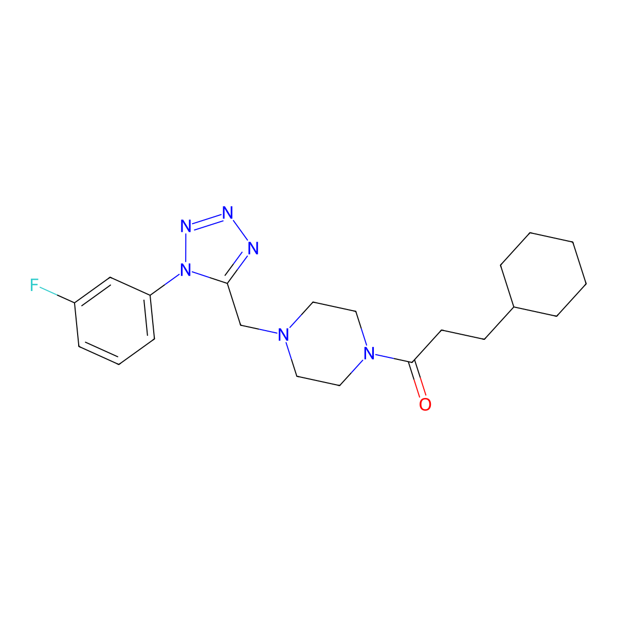 3-cyclohexyl-1-(4-((1-(3-fluorophenyl)-1H-tetrazol-5-yl)methyl)piperazin-1-yl)propan-1-one molecular structure, CAS 1021226-97-0