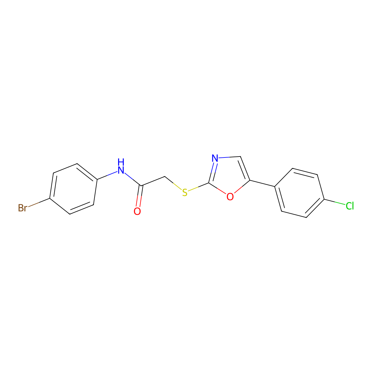 N-(4-bromophenyl)-2-((5-(4-chlorophenyl)oxazol-2-yl)thio)acetamide molecular structure, CAS 1021227-06-4