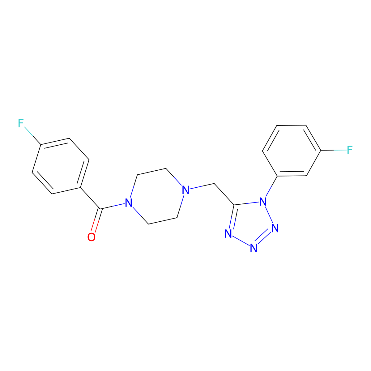 (4-fluorophenyl)(4-((1-(3-fluorophenyl)-1H-tetrazol-5-yl)methyl)piperazin-1-yl)methanone molecular structure, CAS 1021227-07-5