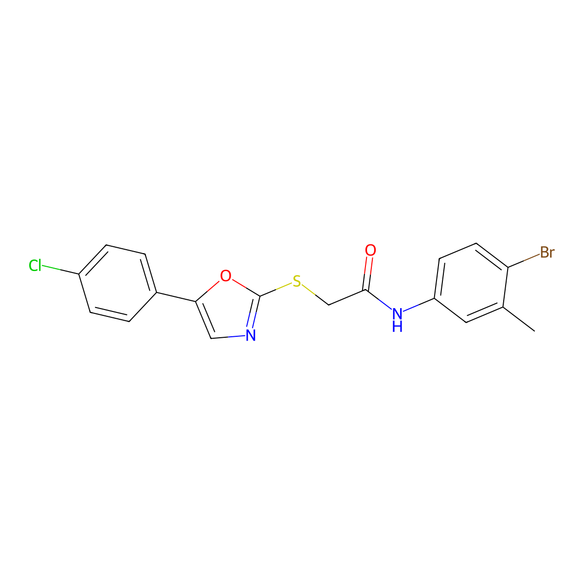 N-(4-bromo-3-methylphenyl)-2-((5-(4-chlorophenyl)oxazol-2-yl)thio)acetamide molecular structure, CAS 1021227-11-1