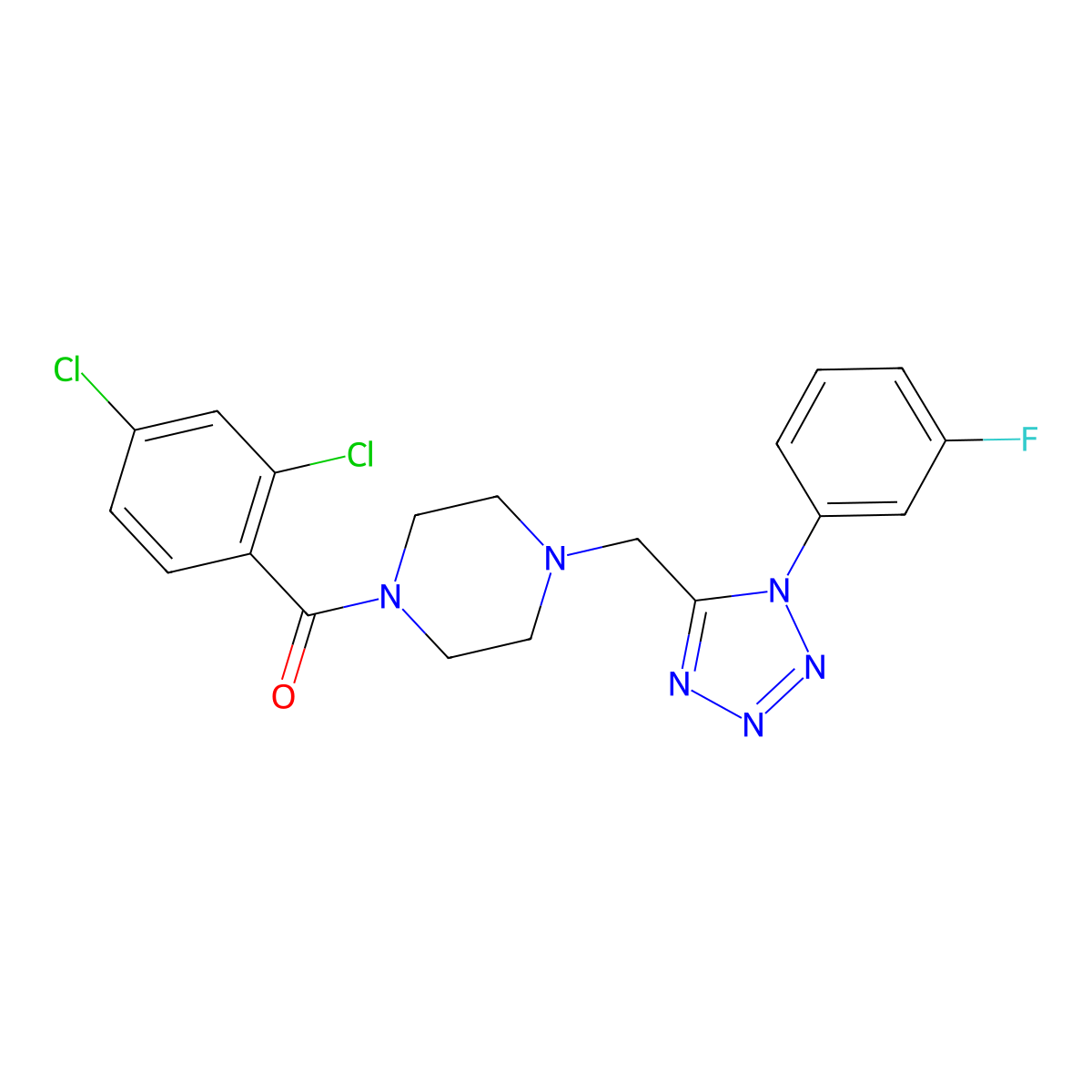 (2,4-dichlorophenyl)(4-((1-(3-fluorophenyl)-1H-tetrazol-5-yl)methyl)piperazin-1-yl)methanone molecular structure, CAS 1021227-12-2