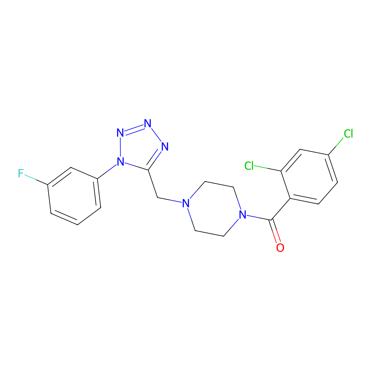 (2,4-dichlorophenyl)(4-((1-(3-fluorophenyl)-1H-tetrazol-5-yl)methyl)piperazin-1-yl)methanone molecular structure, CAS 1021227-12-2