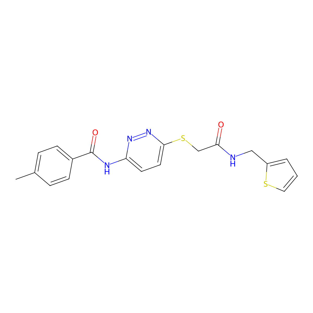 4-methyl-N-{6-[({[(thiophen-2-yl)methyl]carbamoyl}methyl)sulfanyl]pyridazin-3-yl}benzamide molecular structure, CAS 1021227-13-3