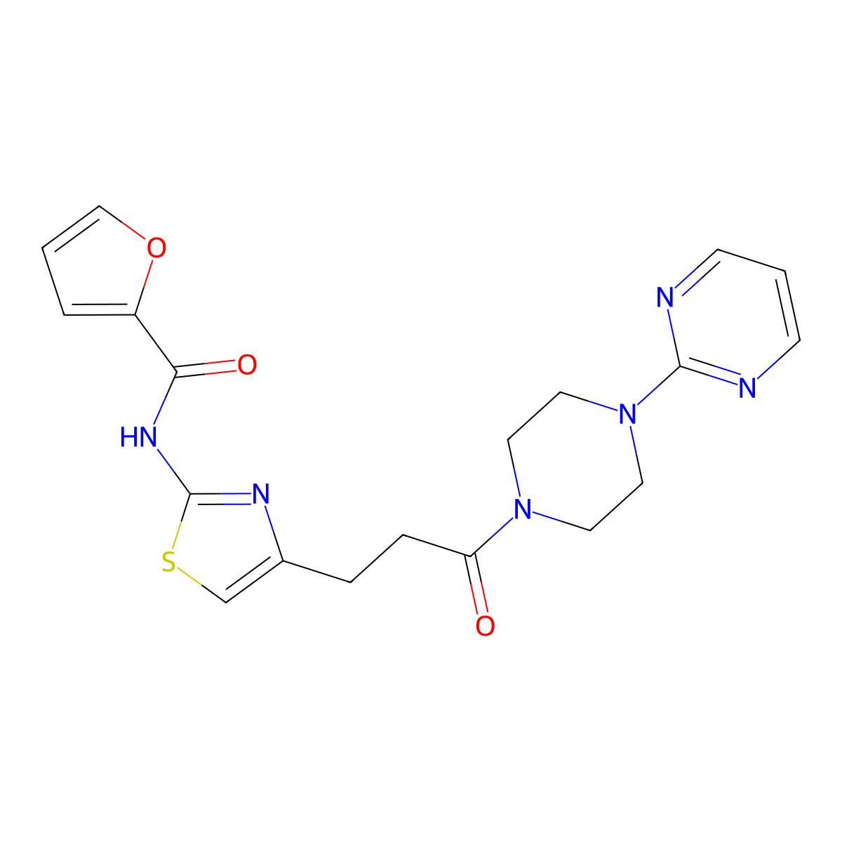N-(4-(3-oxo-3-(4-(pyrimidin-2-yl)piperazin-1-yl)propyl)thiazol-2-yl)furan-2-carboxamide molecular structure, CAS 1021227-15-5
