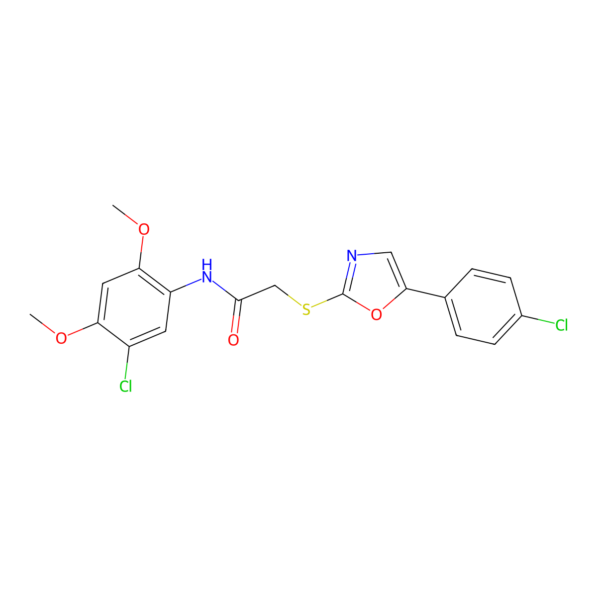 N-(5-chloro-2,4-dimethoxyphenyl)-2-((5-(4-chlorophenyl)oxazol-2-yl)thio)acetamide molecular structure, CAS 1021227-16-6