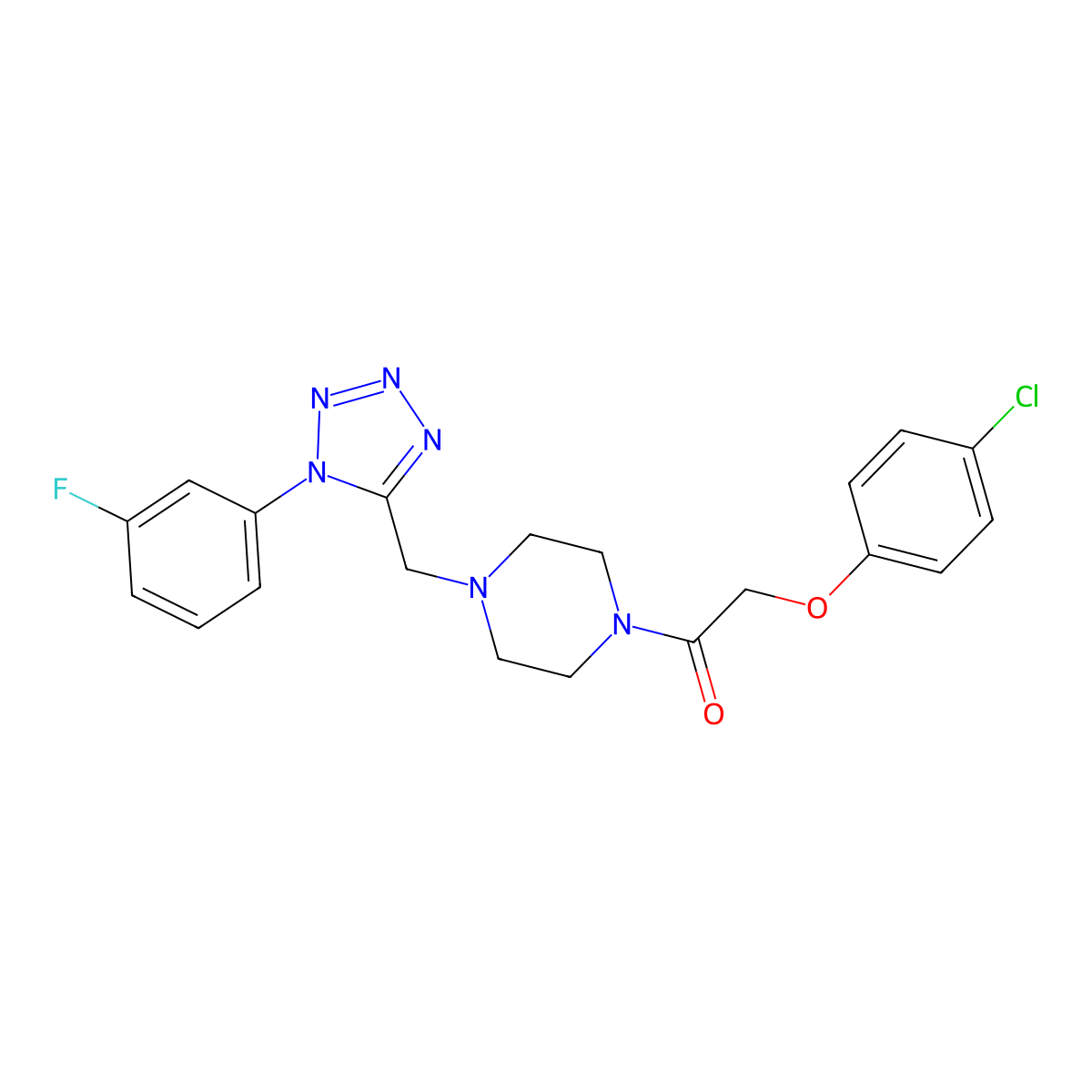 2-(4-chlorophenoxy)-1-(4-((1-(3-fluorophenyl)-1H-tetrazol-5-yl)methyl)piperazin-1-yl)ethanone molecular structure, CAS 1021227-20-2
