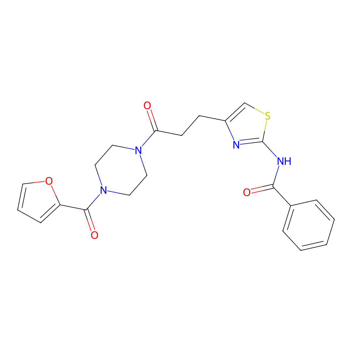 N-(4-(3-(4-(furan-2-carbonyl)piperazin-1-yl)-3-oxopropyl)thiazol-2-yl)benzamide molecular structure, CAS 1021227-27-9