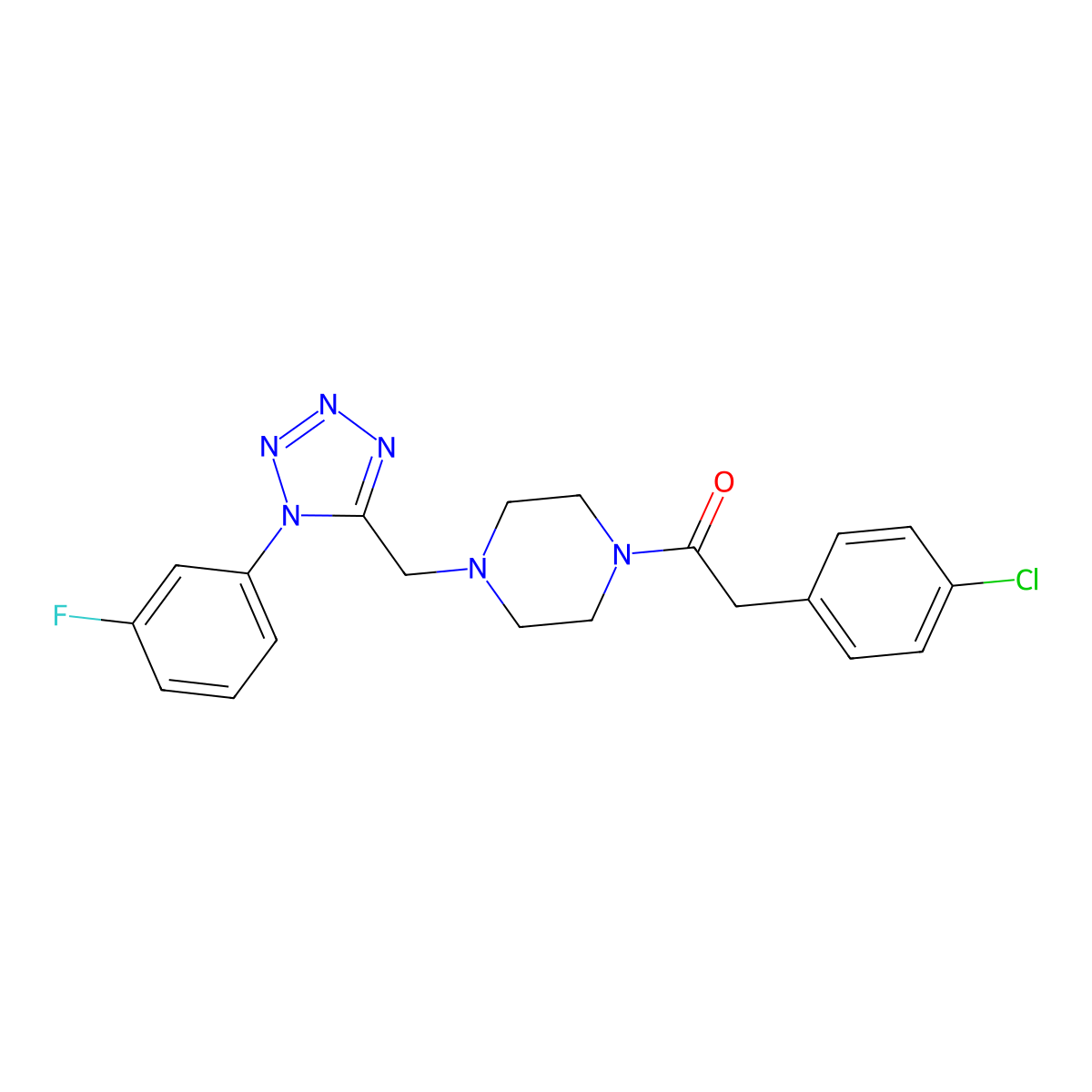 2-(4-chlorophenyl)-1-(4-((1-(3-fluorophenyl)-1H-tetrazol-5-yl)methyl)piperazin-1-yl)ethanone molecular structure, CAS 1021227-29-1