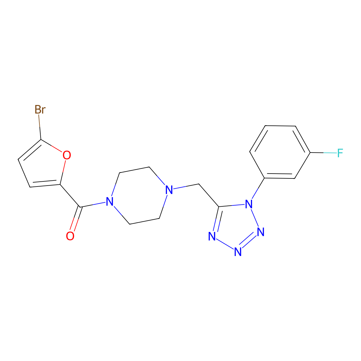 (5-bromofuran-2-yl)(4-((1-(3-fluorophenyl)-1H-tetrazol-5-yl)methyl)piperazin-1-yl)methanone molecular structure, CAS 1021227-35-9