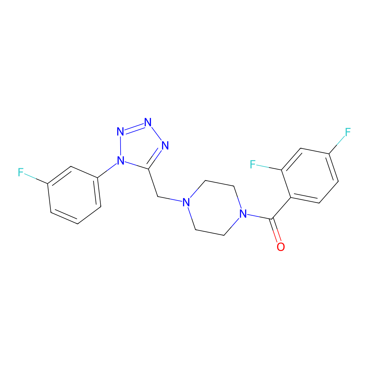 (2,4-difluorophenyl)(4-((1-(3-fluorophenyl)-1H-tetrazol-5-yl)methyl)piperazin-1-yl)methanone molecular structure, CAS 1021227-44-0