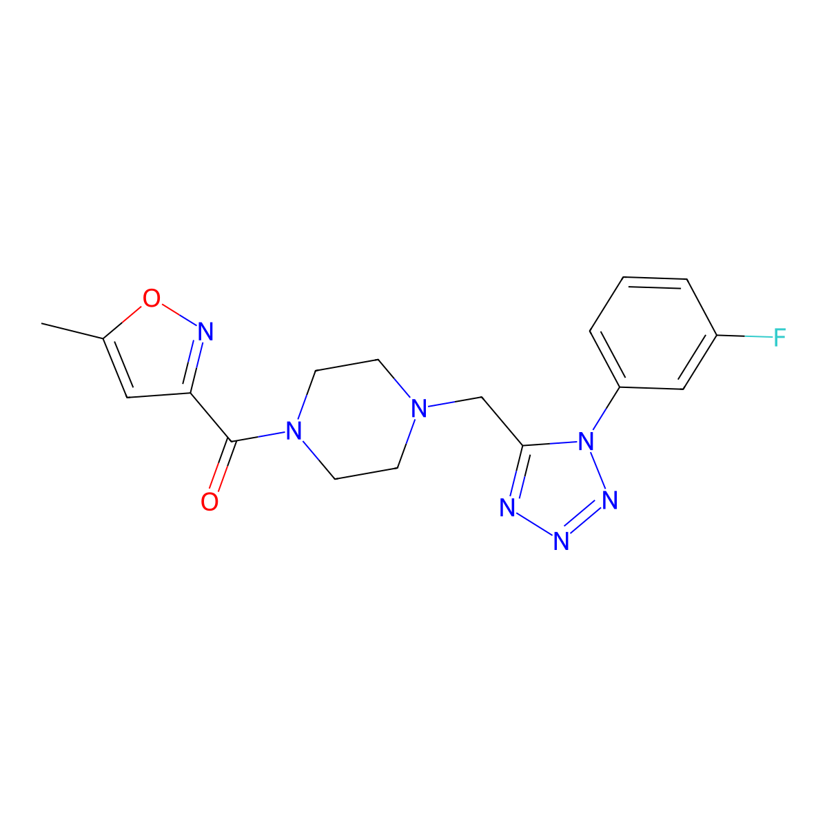 (4-((1-(3-fluorophenyl)-1H-tetrazol-5-yl)methyl)piperazin-1-yl)(5-methylisoxazol-3-yl)methanone molecular structure, CAS 1021227-47-3