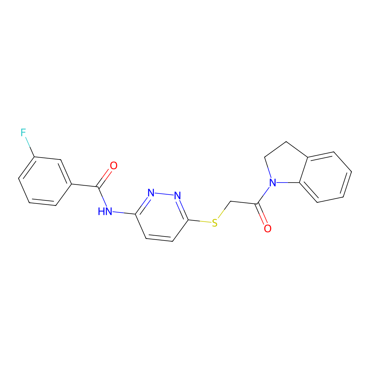 N-(6-{[2-(2,3-dihydro-1H-indol-1-yl)-2-oxoethyl]sulfanyl}pyridazin-3-yl)-3-fluorobenzamide molecular structure, CAS 1021227-48-4