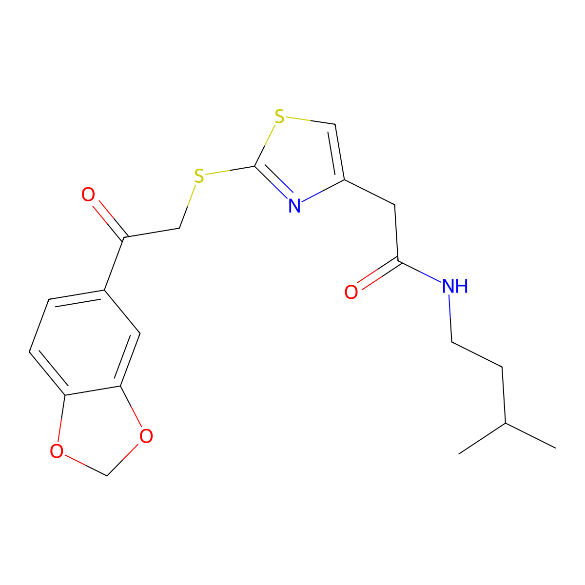 2-(2-((2-(benzo[d][1,3]dioxol-5-yl)-2-oxoethyl)thio)thiazol-4-yl)-N-isopentylacetamide molecular structure, CAS 1021227-55-3