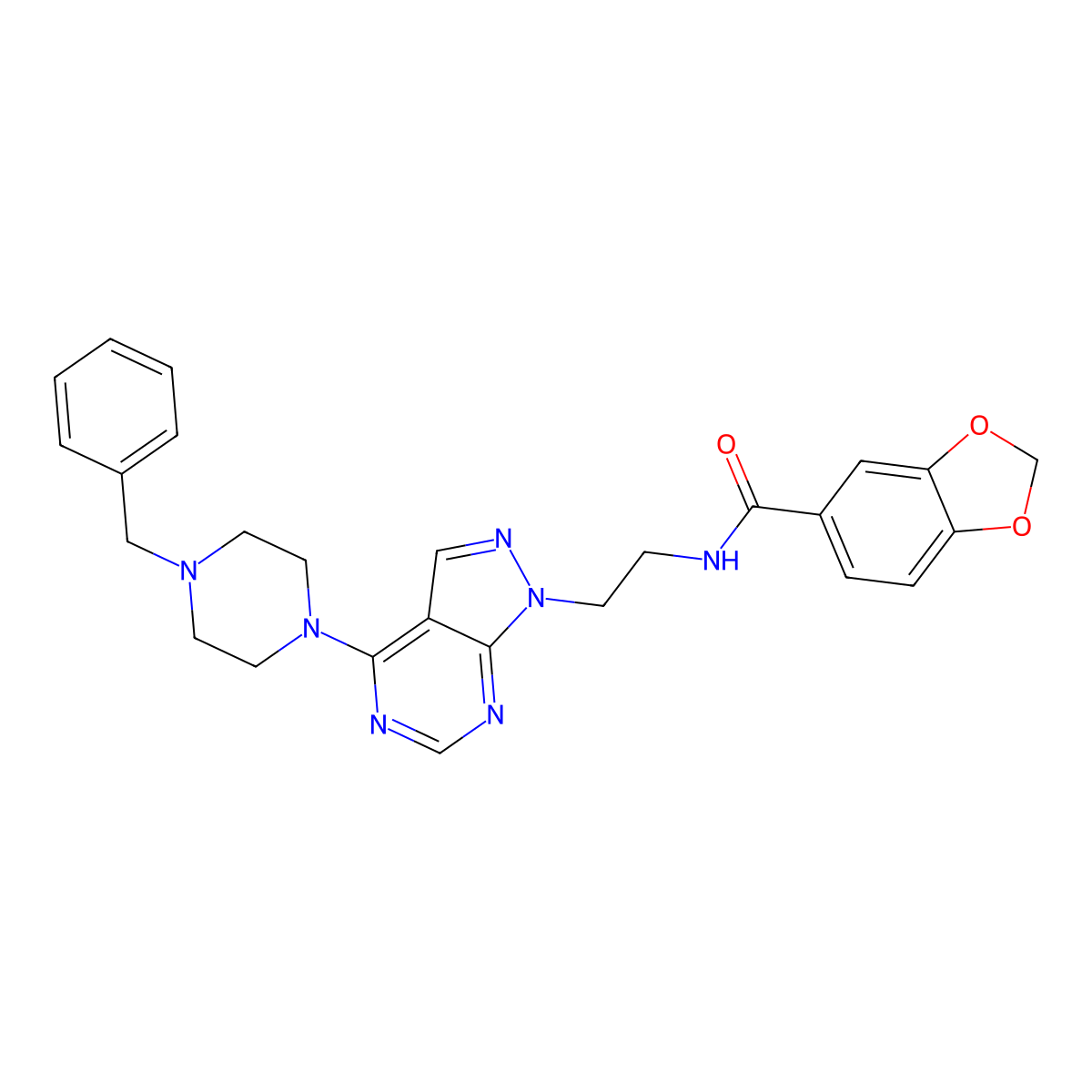 N-(2-(4-(4-benzylpiperazin-1-yl)-1H-pyrazolo[3,4-d]pyrimidin-1-yl)ethyl)benzo[d][1,3]dioxole-5-carboxamide molecular structure, CAS 1021227-57-5