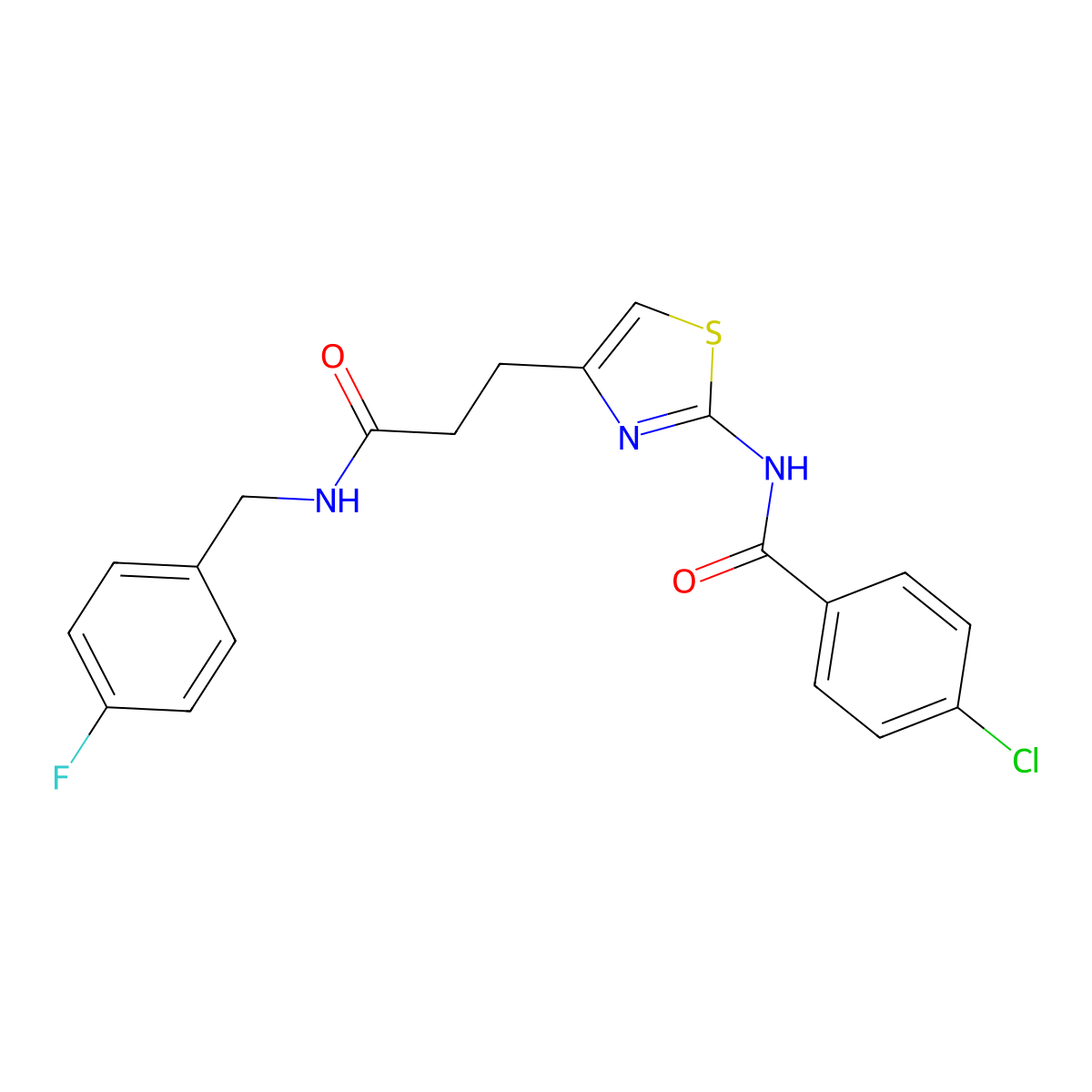 4-chloro-N-(4-(3-((4-fluorobenzyl)amino)-3-oxopropyl)thiazol-2-yl)benzamide molecular structure, CAS 1021227-69-9