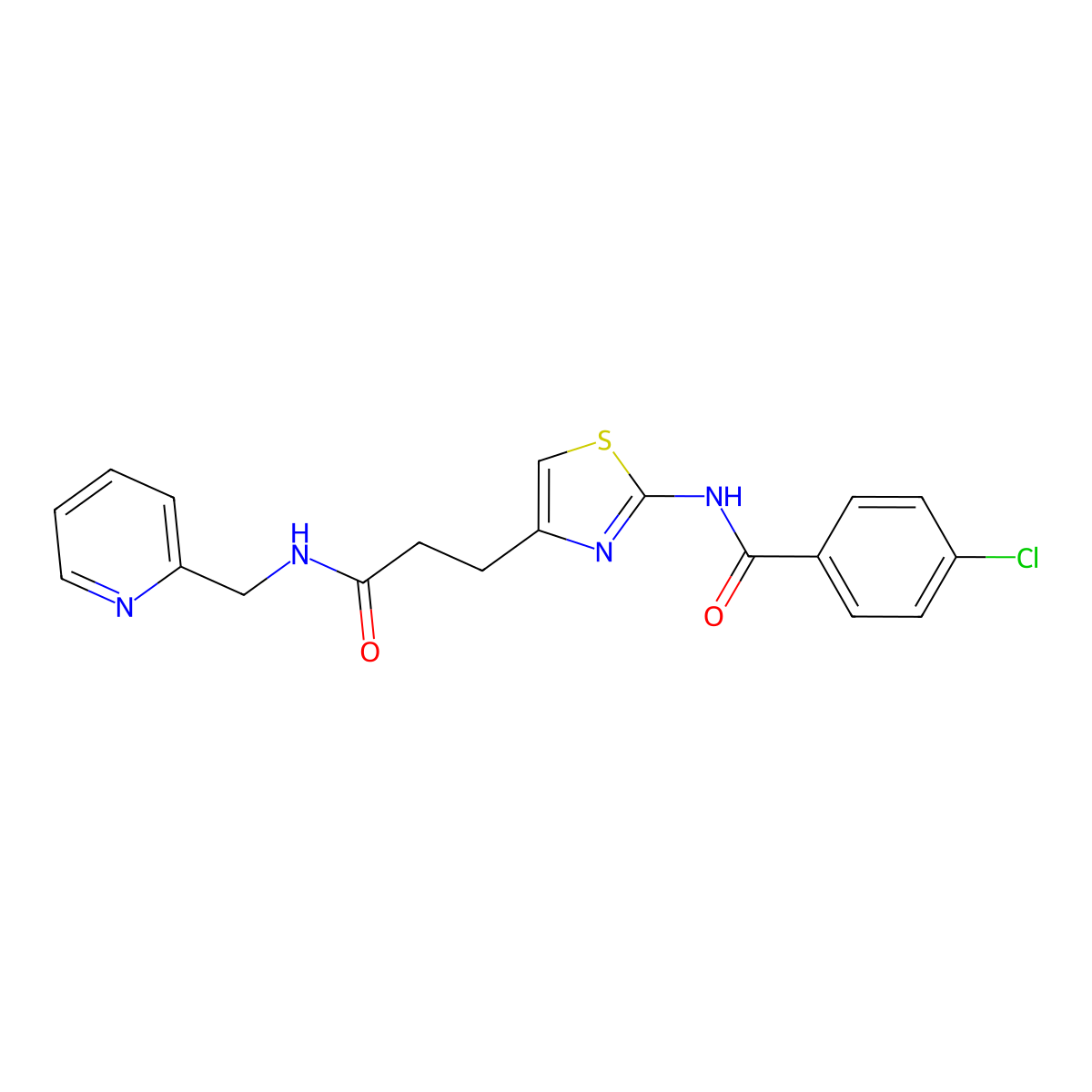 4-chloro-N-(4-(3-oxo-3-((pyridin-2-ylmethyl)amino)propyl)thiazol-2-yl)benzamide molecular structure, CAS 1021227-71-3