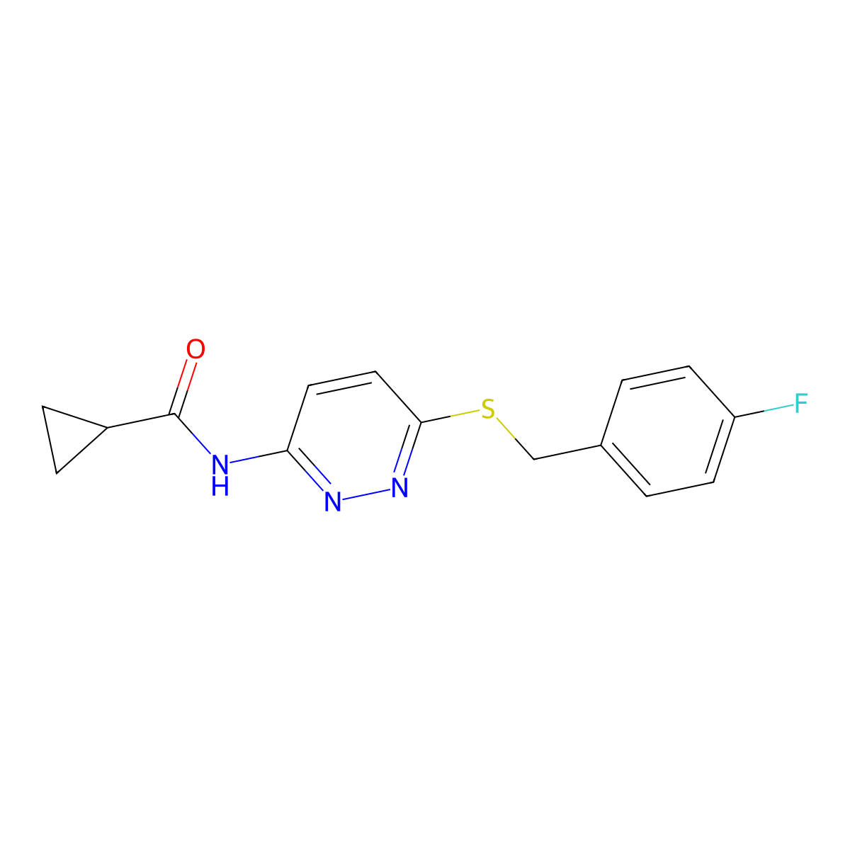 N-(6-{[(4-fluorophenyl)methyl]sulfanyl}pyridazin-3-yl)cyclopropanecarboxamide molecular structure, CAS 1021227-79-1