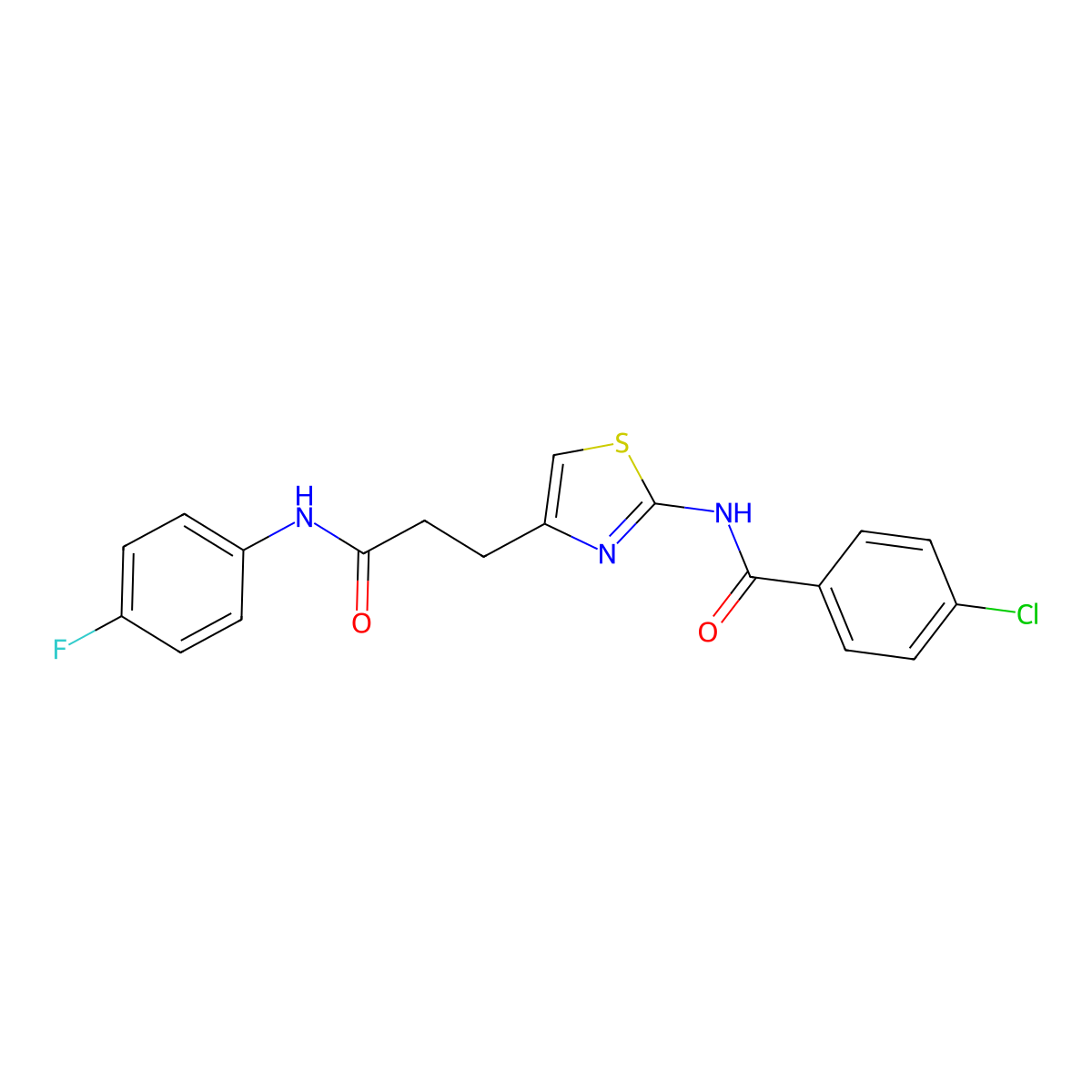 4-chloro-N-(4-(3-((4-fluorophenyl)amino)-3-oxopropyl)thiazol-2-yl)benzamide molecular structure, CAS 1021227-80-4