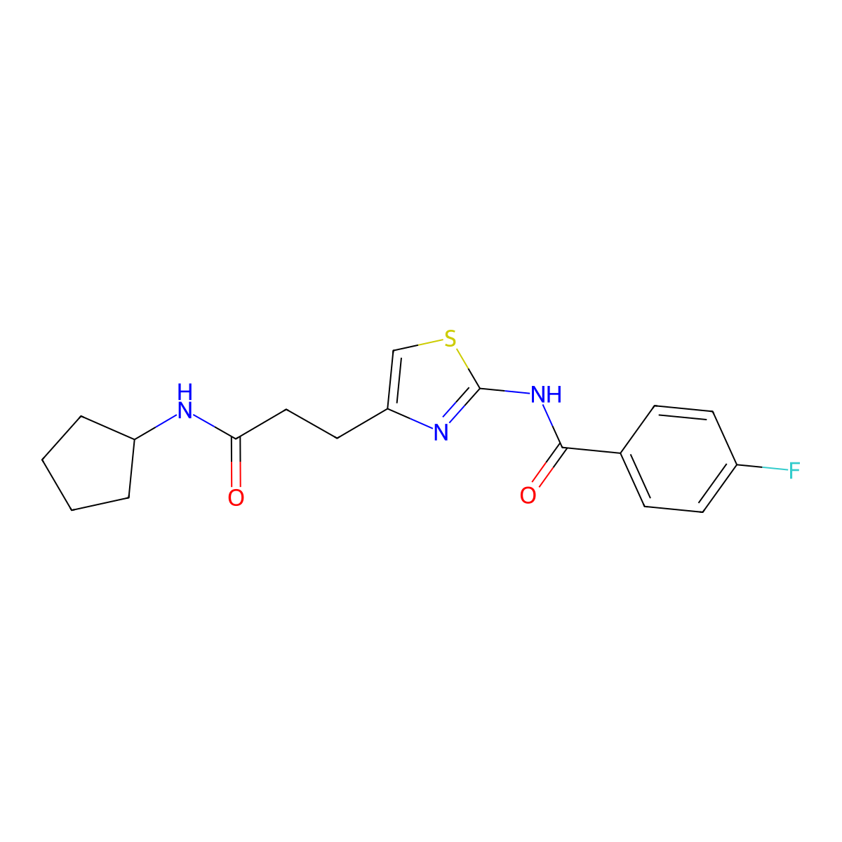 N-(4-(3-(cyclopentylamino)-3-oxopropyl)thiazol-2-yl)-4-fluorobenzamide molecular structure, CAS 1021227-88-2