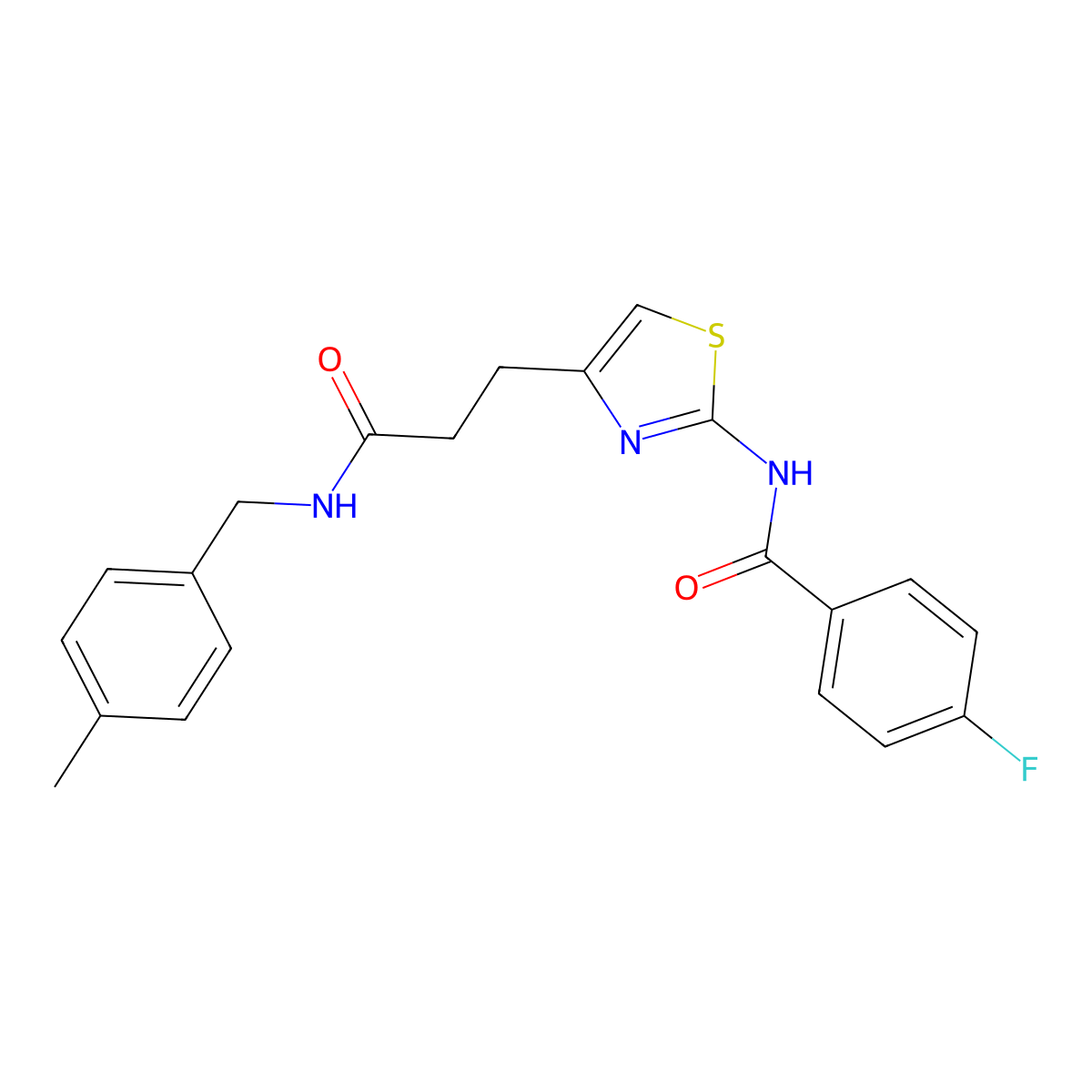4-fluoro-N-(4-(3-((4-methylbenzyl)amino)-3-oxopropyl)thiazol-2-yl)benzamide molecular structure, CAS 1021227-93-9