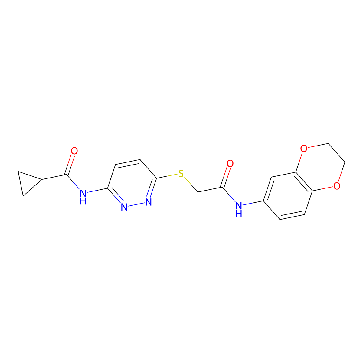 N-[6-({[(2,3-dihydro-1,4-benzodioxin-6-yl)carbamoyl]methyl}sulfanyl)pyridazin-3-yl]cyclopropanecarboxamide molecular structure, CAS 1021227-97-3