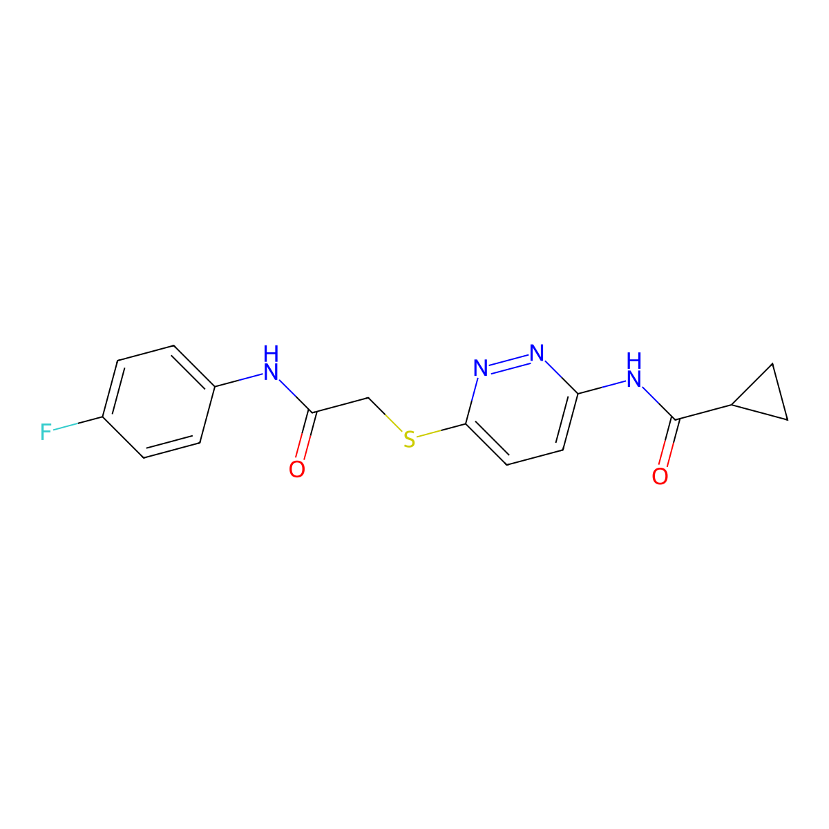 N-[6-({[(4-fluorophenyl)carbamoyl]methyl}sulfanyl)pyridazin-3-yl]cyclopropanecarboxamide molecular structure, CAS 1021228-00-1