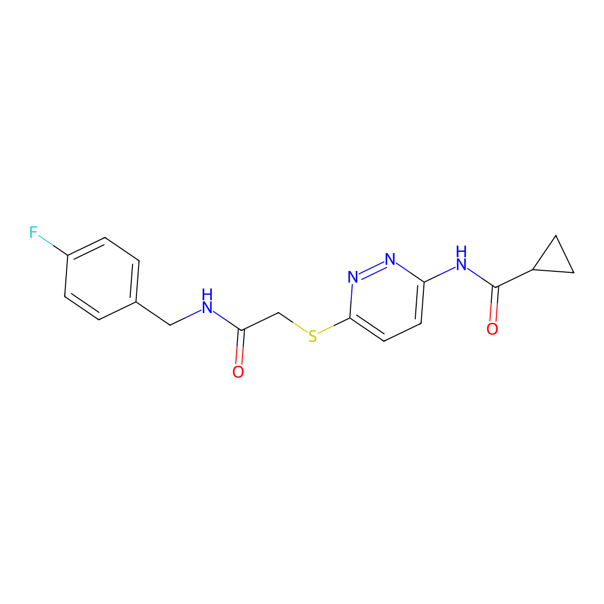N-{6-[({[(4-fluorophenyl)methyl]carbamoyl}methyl)sulfanyl]pyridazin-3-yl}cyclopropanecarboxamide molecular structure, CAS 1021228-03-4