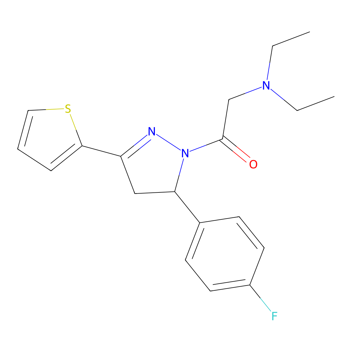 2-(diethylamino)-1-(5-(4-fluorophenyl)-3-(thiophen-2-yl)-4,5-dihydro-1H-pyrazol-1-yl)ethanone molecular structure, CAS 1021228-05-6