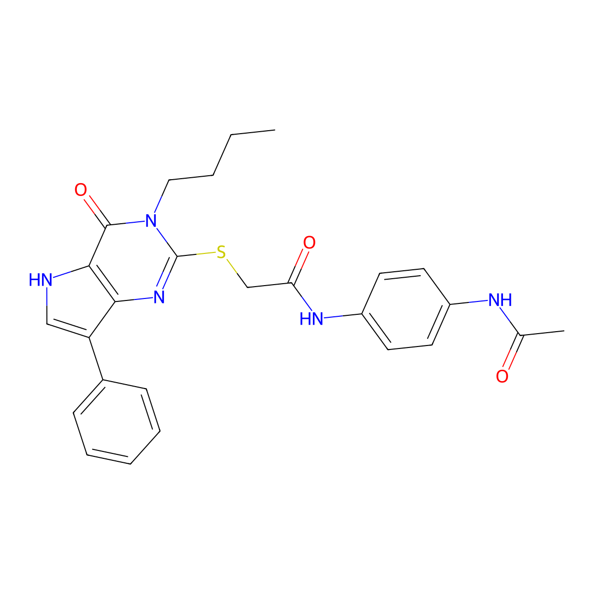 2-({3-butyl-4-oxo-7-phenyl-3H,4H,5H-pyrrolo[3,2-d]pyrimidin-2-yl}sulfanyl)-N-(4-acetamidophenyl)acetamide molecular structure, CAS 1021228-06-7