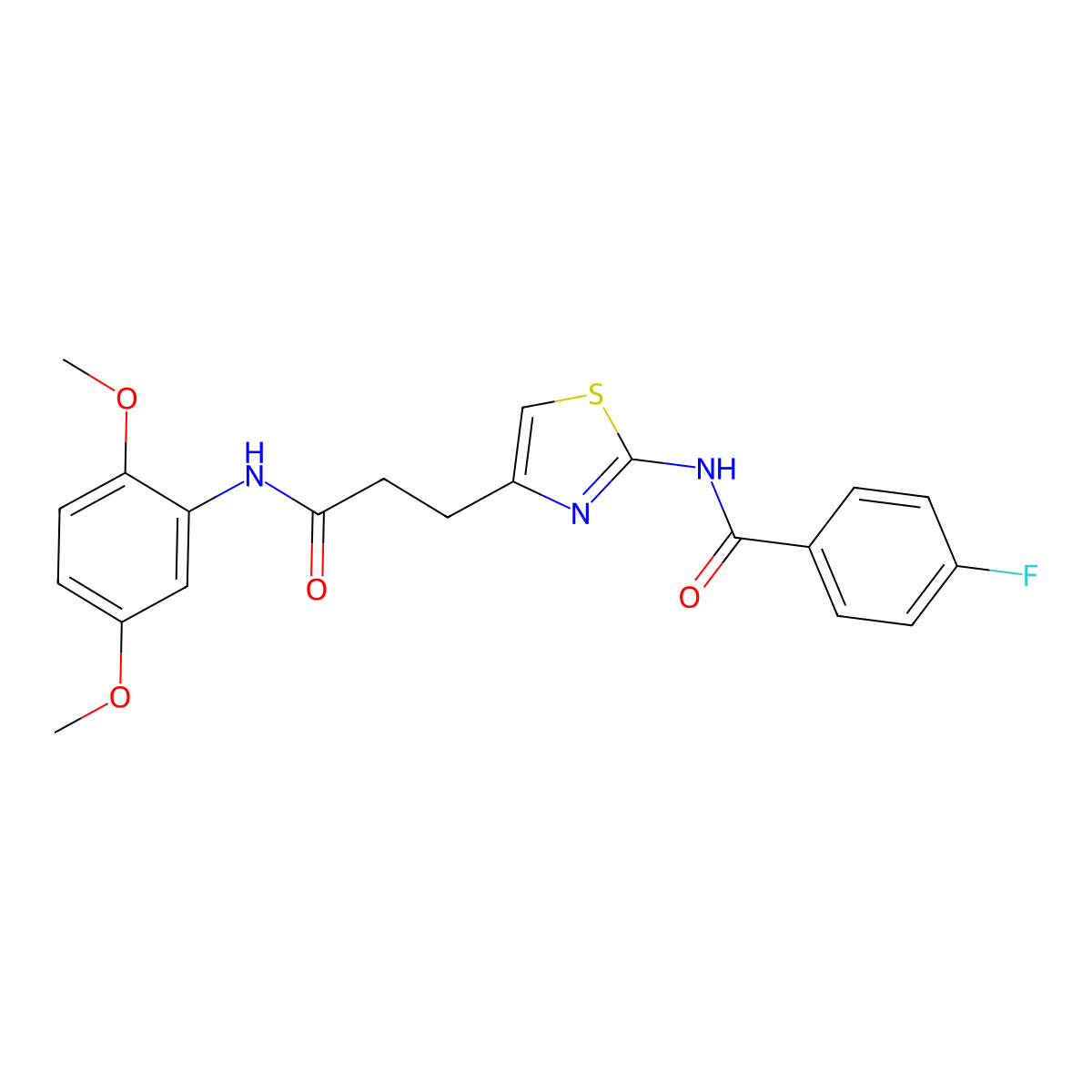 N-(4-(3-((2,5-dimethoxyphenyl)amino)-3-oxopropyl)thiazol-2-yl)-4-fluorobenzamide molecular structure, CAS 1021228-08-9