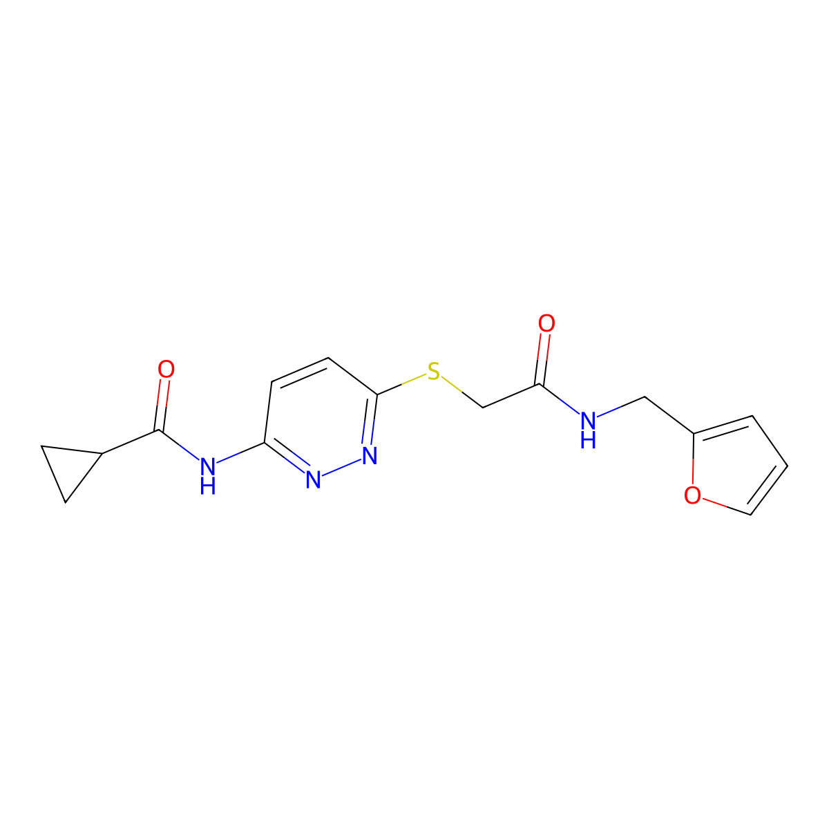 N-{6-[({[(furan-2-yl)methyl]carbamoyl}methyl)sulfanyl]pyridazin-3-yl}cyclopropanecarboxamide molecular structure, CAS 1021228-11-4