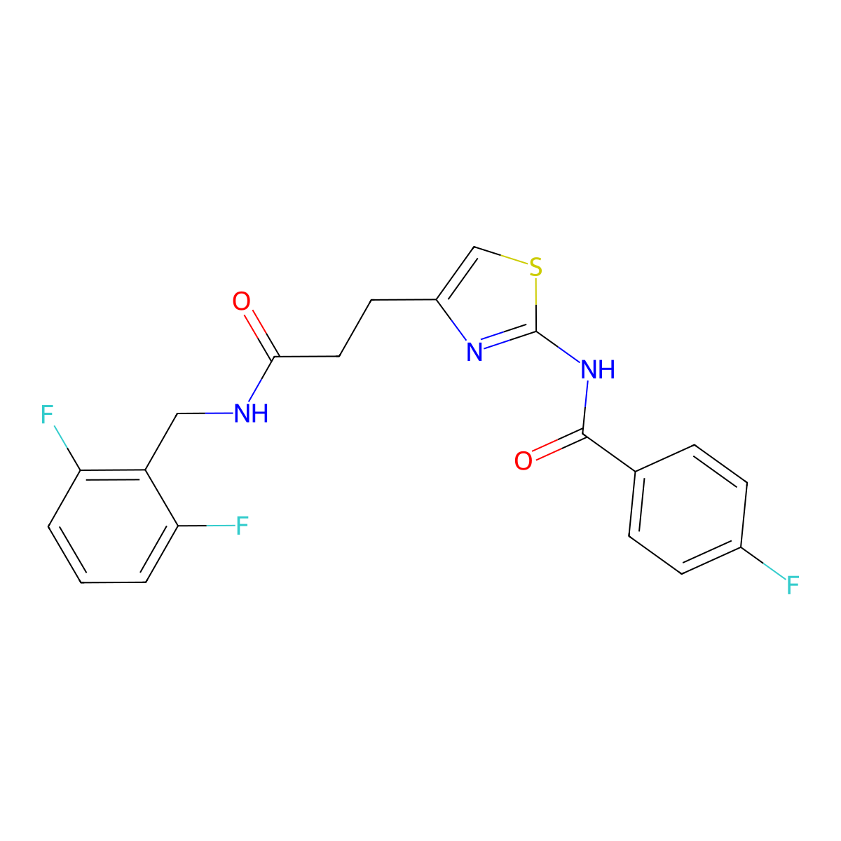 N-(4-(3-((2,6-difluorobenzyl)amino)-3-oxopropyl)thiazol-2-yl)-4-fluorobenzamide molecular structure, CAS 1021228-16-9