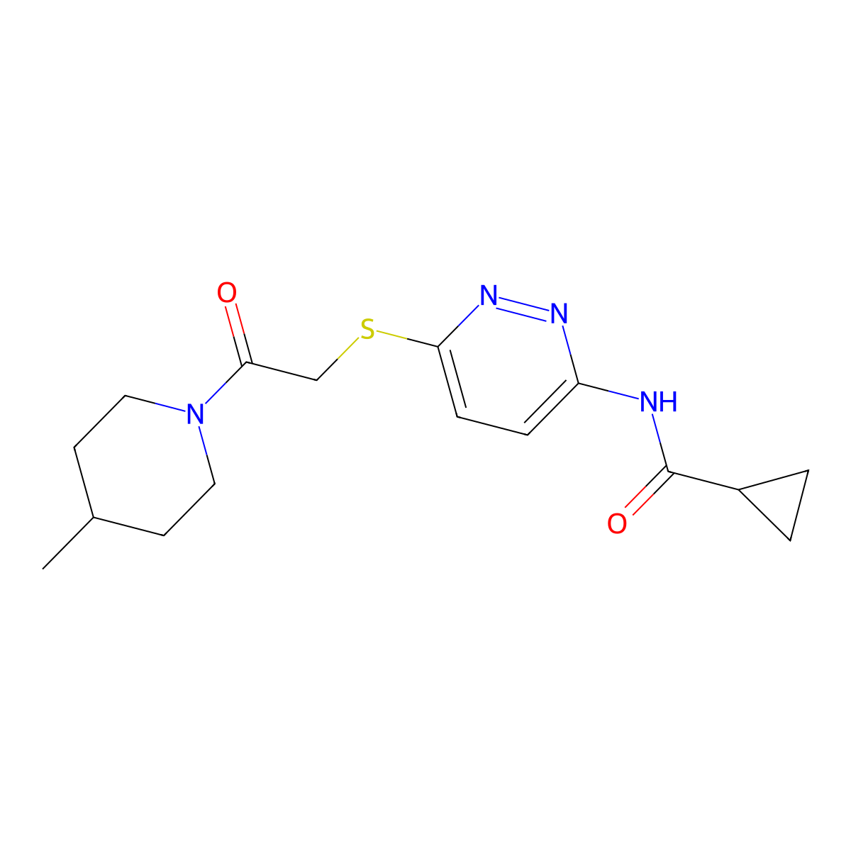 N-(6-{[2-(4-methylpiperidin-1-yl)-2-oxoethyl]sulfanyl}pyridazin-3-yl)cyclopropanecarboxamide molecular structure, CAS 1021228-19-2