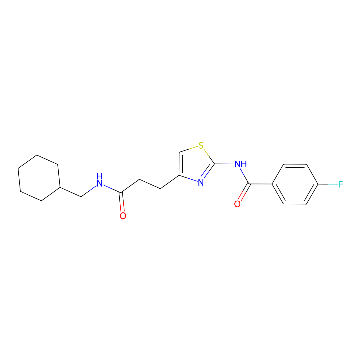 N-(4-(3-((cyclohexylmethyl)amino)-3-oxopropyl)thiazol-2-yl)-4-fluorobenzamide molecular structure, CAS 1021228-20-5