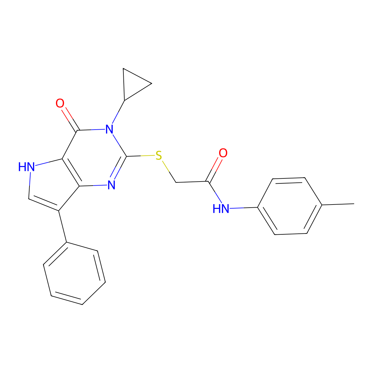 2-({3-cyclopropyl-4-oxo-7-phenyl-3H,4H,5H-pyrrolo[3,2-d]pyrimidin-2-yl}sulfanyl)-N-(4-methylphenyl)acetamide molecular structure, CAS 1021228-22-7