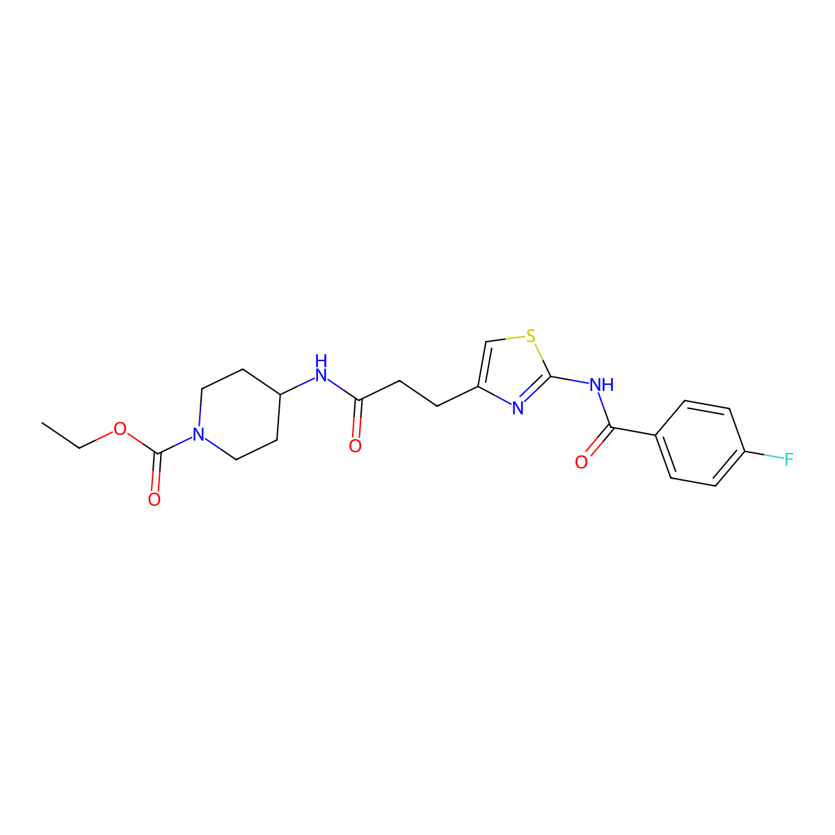 Ethyl 4-(3-(2-(4-fluorobenzamido)thiazol-4-yl)propanamido)piperidine-1-carboxylate molecular structure, CAS 1021228-25-0
