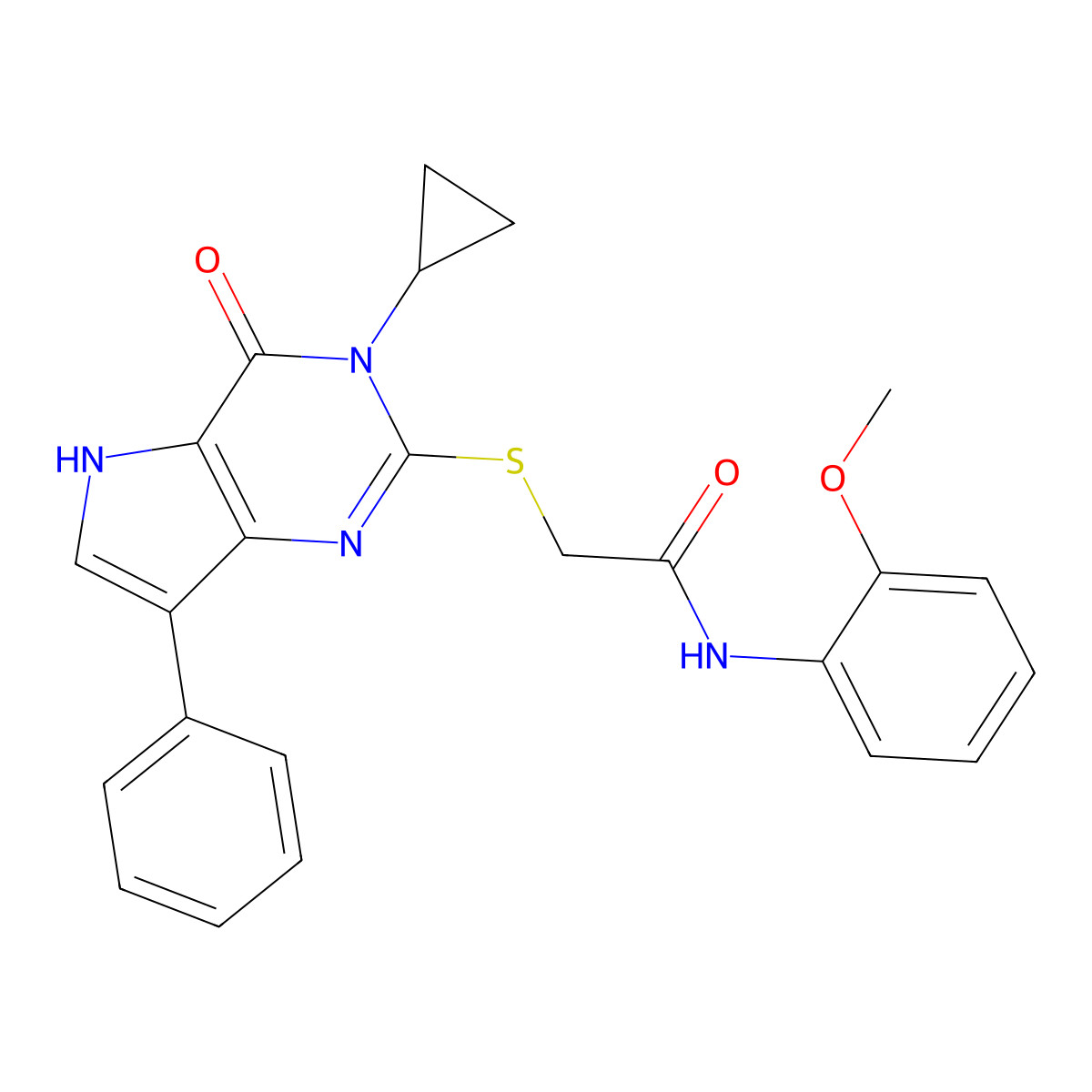 2-({3-cyclopropyl-4-oxo-7-phenyl-3H,4H,5H-pyrrolo[3,2-d]pyrimidin-2-yl}sulfanyl)-N-(2-methoxyphenyl)acetamide molecular structure, CAS 1021228-27-2