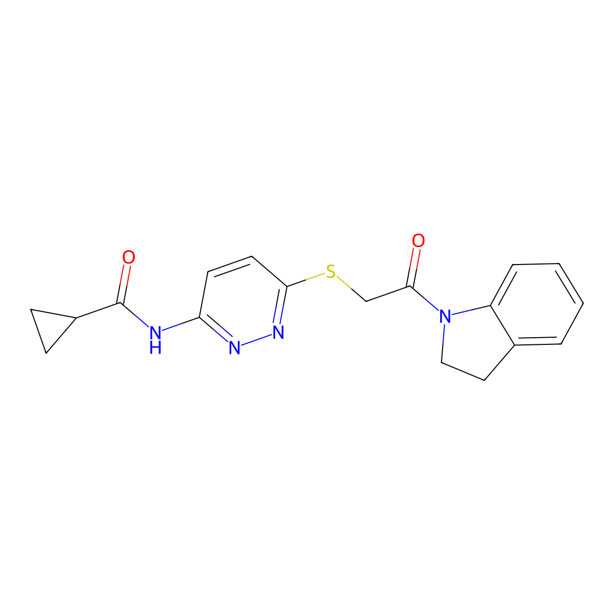 N-(6-{[2-(2,3-dihydro-1H-indol-1-yl)-2-oxoethyl]sulfanyl}pyridazin-3-yl)cyclopropanecarboxamide molecular structure, CAS 1021228-29-4